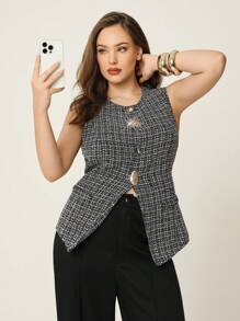 Auralis Chemise sans manches à boutons métalliques et ourlet fendu pour femmes grandes tailles, motif à carreaux - Noir - Voir 4