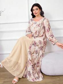 Al Najma Plus Size Women Floral Print Round Neck Elegant Long Sleeve Arabic Dress - Apricot - View 3