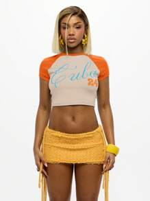 SUMWON WOMEN 复古风格棒球插肩短款上衣运动图案夏季节日舞会夜店街头潮流 T 恤 - 橘色 - 查看 1