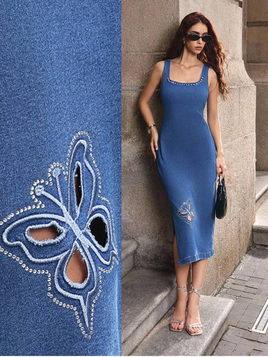 Selenza 蝴蝶结镂空水钻装饰无袖时尚女式牛仔连衣裙 - 中等水洗藍 - 查看 1
