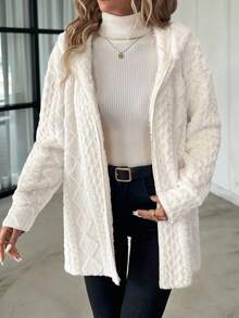 SHEIN Clasi 女士休闲连帽纹理羊毛夹克，秋冬 - 白色 - 查看 5