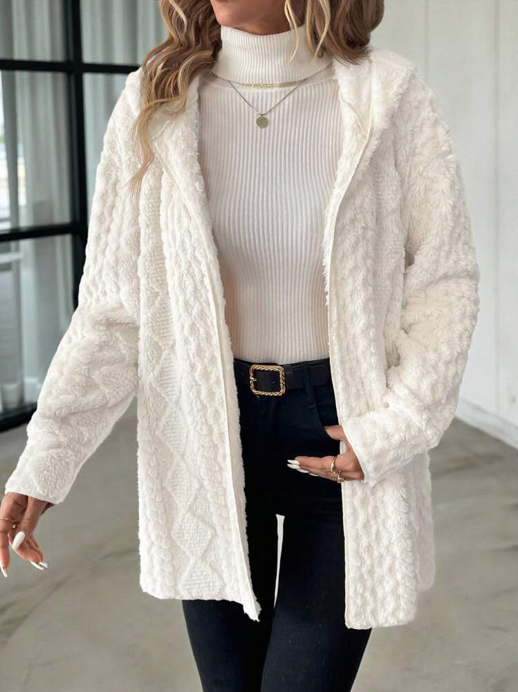 SHEIN Clasi Women's Casual Hooded Textured Fleece Jacket, Autumn/Winter,Fall - White - View 5