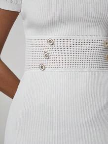 COSMINA Women's Elegant V-Neck Short Sleeve Metal Button Knit Sweater Dress - White - View 7
