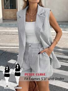 SHEIN PETITE CURVE Plus Size Women Striped Blazer Collar Shorts With Pockets 2 Pieces Set In Fall/Winter - Multicolor - View 1