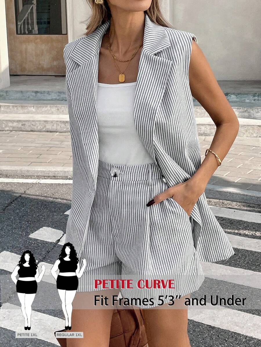 SHEIN PETITE CURVE Plus Size Women Striped Blazer Collar Shorts With Pockets 2 Pieces Set In Fall/Winter - Multicolor - View 1