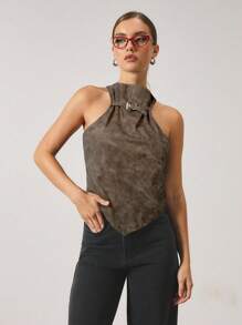 COSMINA Top de mujer con diseño de hebilla ajustable, bajo asimétrico, de moda, color marrón. Top para mujer, prendas superiores para salir, ropa de mujer para otoño - Marrón - Ver 1