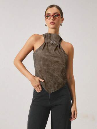 COSMINA Top de mujer con diseño de hebilla ajustable, bajo asimétrico, de moda, color marrón. Top para mujer, prendas superiores para salir, ropa de mujer para otoño