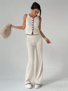 Aloruh 2pcs Women Contrast Color Knitted Vest Sweater + Straight Wide Leg Contrast Color Knitted Pants Set, Early Autumn - Multicolor - View 6