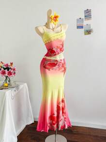 Soleia 女士度假风彩色海洋元素贝壳海星印花拼接荷叶边不对称腰身弹力腰拼接不对称下摆半身裙套装，适合派对、约会、海滩、下午茶、叠穿、返校、返校节等场合。 - 彩色 - 查看 6