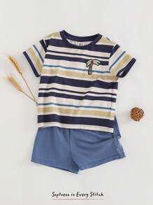 Cozy Pixies 2 pièces Ensemble Top à manches courtes col rond doux tricoté rayé coloré et short à taille élastique pour bébé garçon