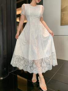 DAZY Elegant Lace Round Neck Puff Sleeve Midi Dress For Women - White - View 8