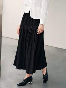 Uhlyne 绿色女士休闲高腰百褶直筒裙 - 黑色 - 查看 5