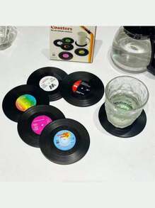 SHEIN 6 buc suporturi de pahare pentru discuri de vinil, pernă antiderapantă rezistentă la căldură, model vintage clasic retro american rock cu muzică CD, pernă izolatoare, decor pentru casă/