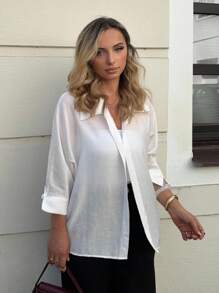 Jeta Ari Spring White Solid Batwing Sleeve White Shirt,Three Quarter Sleeve Tops - White - View 1