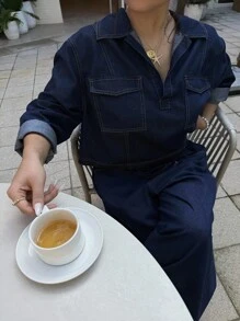 Dripcurv 大码女式四季长袖工装口袋上衣和裤子休闲牛仔两件套，新年装扮，复古风格。 - 藍色 - 查看 7