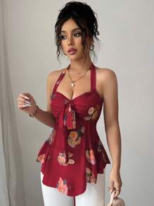 Elenzga 女式夏季细肩带弹力网眼休闲度假热带印花无袖吊带背心，修身，性感 - 紅色 - 查看 3