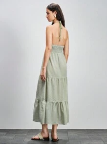Lumivelle Romantic Dress Flared Dress Color Woven Bubble Plaid, Plaid, Checkered, Fitted, Sleeveless, Halter, Gathered, Multi-Tier Ruffle Hem, Pleated, Cinched Waist, Tie Back, Open Back, Oversized A-Line, Vacation, Holiday, Sexy, Elegant, Bohemian Vacation Style, Minimalist, Romantic, Casual, Women's Maxi Dress For Spring/Summer Pastel Green Dress Summer Dress Vintage Clothes For University Breezy Checks Season - Green - View 2