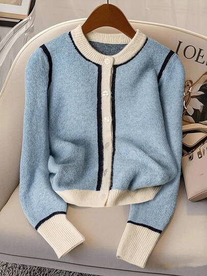 Franclia Women's Contrast Color Round Neck Cardigan, Spring/Autumn Fall Winter Cloth For Women