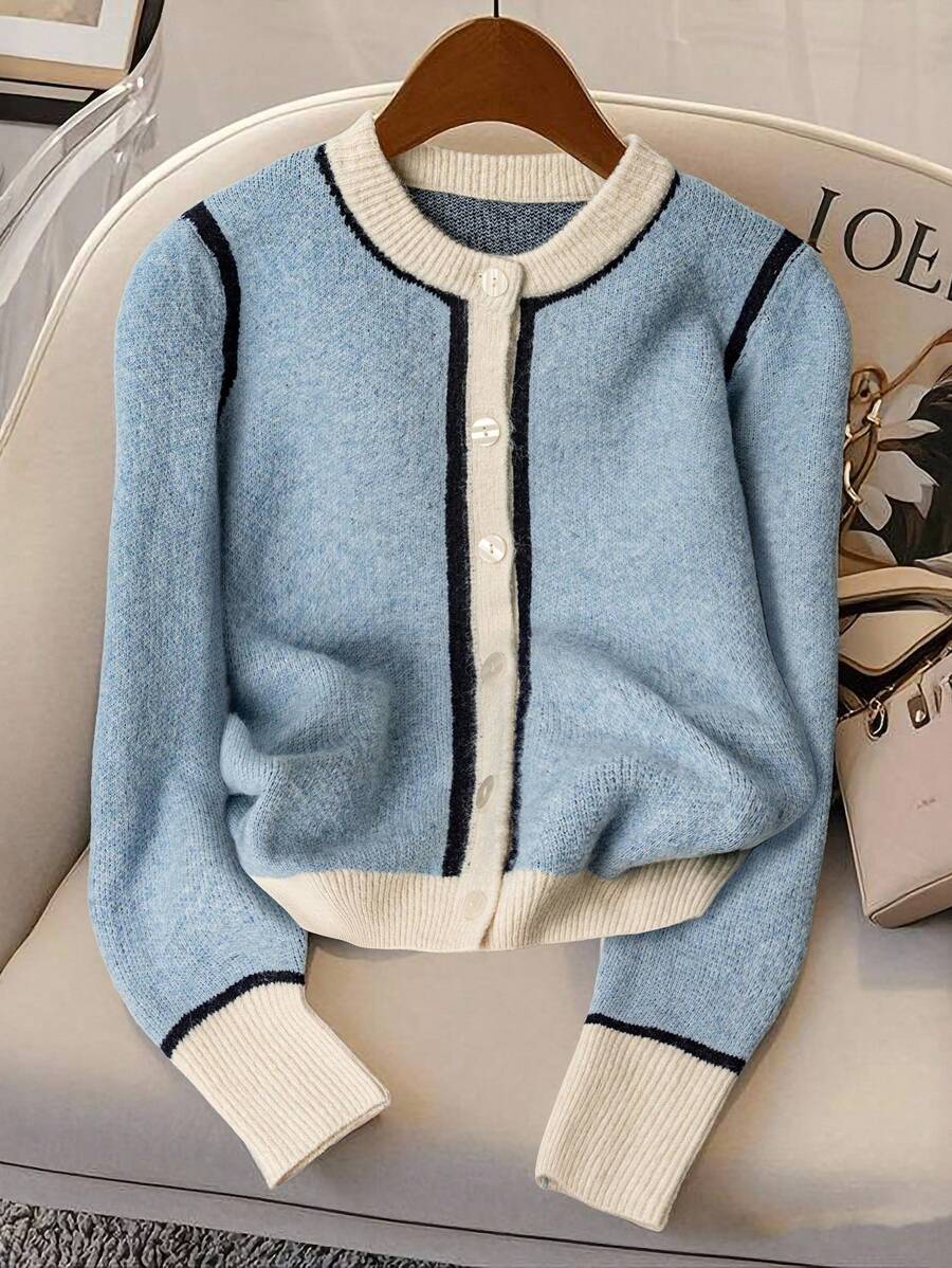 Franclia 女士撞色圆领开衫，春秋 - 藍白色 - 查看 1