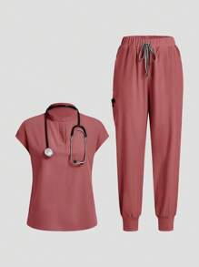 TaskEZ 纯色立领插肩袖上衣和弹性袖口裤子手术服套装