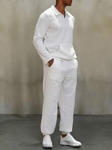 Manfinity Homme Áo thun polo dài tay có túi Jacquard và quần âu thường ngày cho nam Bộ đồ nam màu trắng Bộ đồ phối đồ nam Bộ đồ 2 món cho nam Bộ đồ dệt kim cho nam, Quần áo mùa thu - trắng - Xem 3