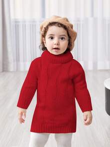 SHEIN Babygirl 可爱扭纹白色高领休闲连衣裙，秋冬 - 紅色 - 查看 3