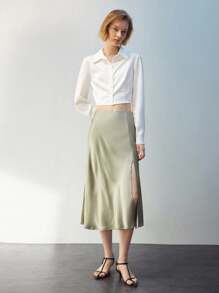 Maija Ladies' Solid Color Split Hem Casual Skirt - Green - View 5