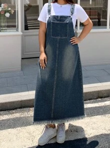 Dazy Plus Dark Wash Distressed Denim Pinafore Maxi A-Line Dress, All Season