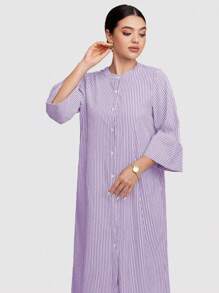 Veilorie 女式条纹纽扣前长休闲连衣裙，春秋季节，端庄的长裙，非常适合海滩/休闲/度假/家居服/返校和日常休闲穿着 - 紫色 - 查看 4