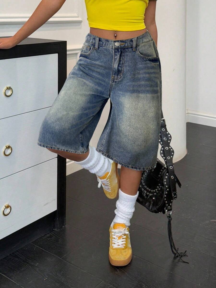 SHEIN 少女春夏 Y2K 石洗低腰宽松长短七分牛仔裤，夏季狂欢音乐会街头服饰 - 深色水洗藍 - 查看 1