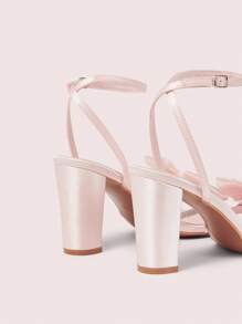 CUCCOO DOLLMOD 8.6cm Thick Heel Fashion Strap High Heel Round Toe Sandals, Pink Satin Fabric Bow Decor + Rhinestone Strap Craftsmanship - Pink - View 8