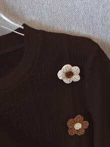 Franclia 时尚圆领短袖T恤，甜美辛辣3D花卉图案美拉德印花夏季棕色大学风服装 - 棕色 - 查看 5