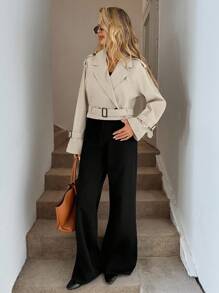 Easowa 双排扣收腰短款风衣，休闲优雅女士短款风衣 - 卡其色 - 查看 7