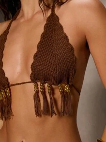 Aloruh Women's Women's Sexy Beach Vacation Bikini Cover-Up Halter Neck Backless Coffee Brown Braid Top Casual Fashionable Fringe Sexy Halter Backless Tie-Up Crop Top - Coffee Brown - View 8