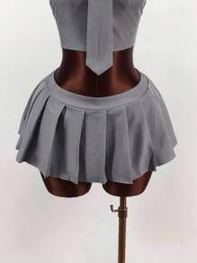 Amplova 女式性感纯色露背吊带上衣和百褶迷你裙两件套，夏季 - 灰色 - 查看 5