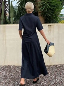 DAZY 2pcs Women Summer Casual Tie-Up Shirt & Skirt Set,Teacher Outfits - Navy Blue - View 2