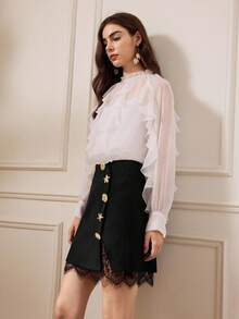 Briarwyn Saia feminina elegante com decoração floral metálica e contraste de renda, saia com acabamento em renda, roupas de outono para mulheres, saia preta estilo old money para mulheres - Preto - Ver 4