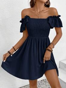 SHEIN Frenchy Women's Solid Color Boat Neck Cap Sleeve Short Vacation Dress,Casual Dresses For Women