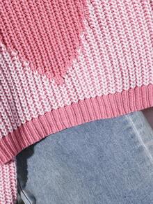 SHEIN 新款时尚百搭可爱爱心图案圆领毛衣，适合少女穿着，爱心图案可爱毛衣 - 粉色 - 查看 4