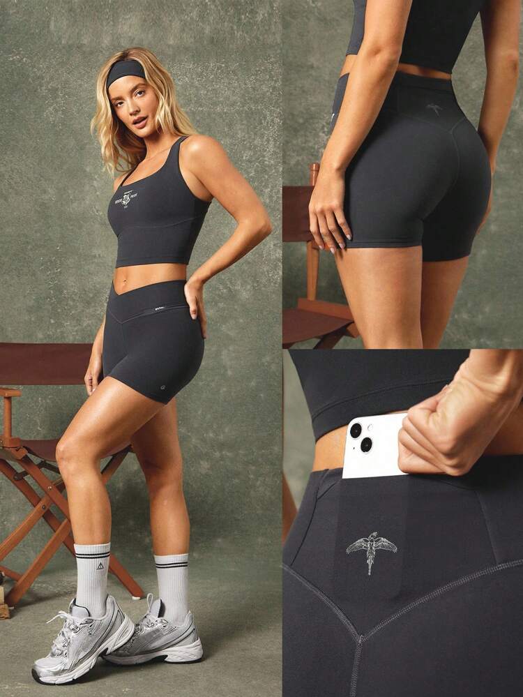 GLOWMODE X Harry Potter 4.3" FeatherFit™ Sweat-Wicking Soft Stretchy Crossover Waist Silicone Label Back Graphic Waist Pocket Shorts Low-Impact Yoga Pilates Barre Studio Daily Casual Wear