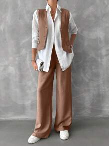 EURMUSE Áo ba lỗ cài nút màu trơn cỡ nhỏ và quần ống rộng - Lạc đà - Xem 5