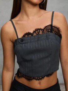 TypaGal Grey Summer Elegant Night Out Women's Cropped Pinstripe Cami Top,Black Lace Trim,Grunge Punk Streetwear,Y2k 2000s Style Flirty Soft Feminine Clothes - Black - View 3