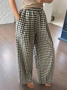 DAZY 格子松紧腰宽松女式家居裤，秋季睡衣 - 黑與白 - 查看 7