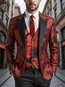 Manfinity AFTRDRK Men's All-Over Print Long Sleeve Suit Jacket, Fashionable & Elegant Performance Blazer, Old Money Style - Red - View 1