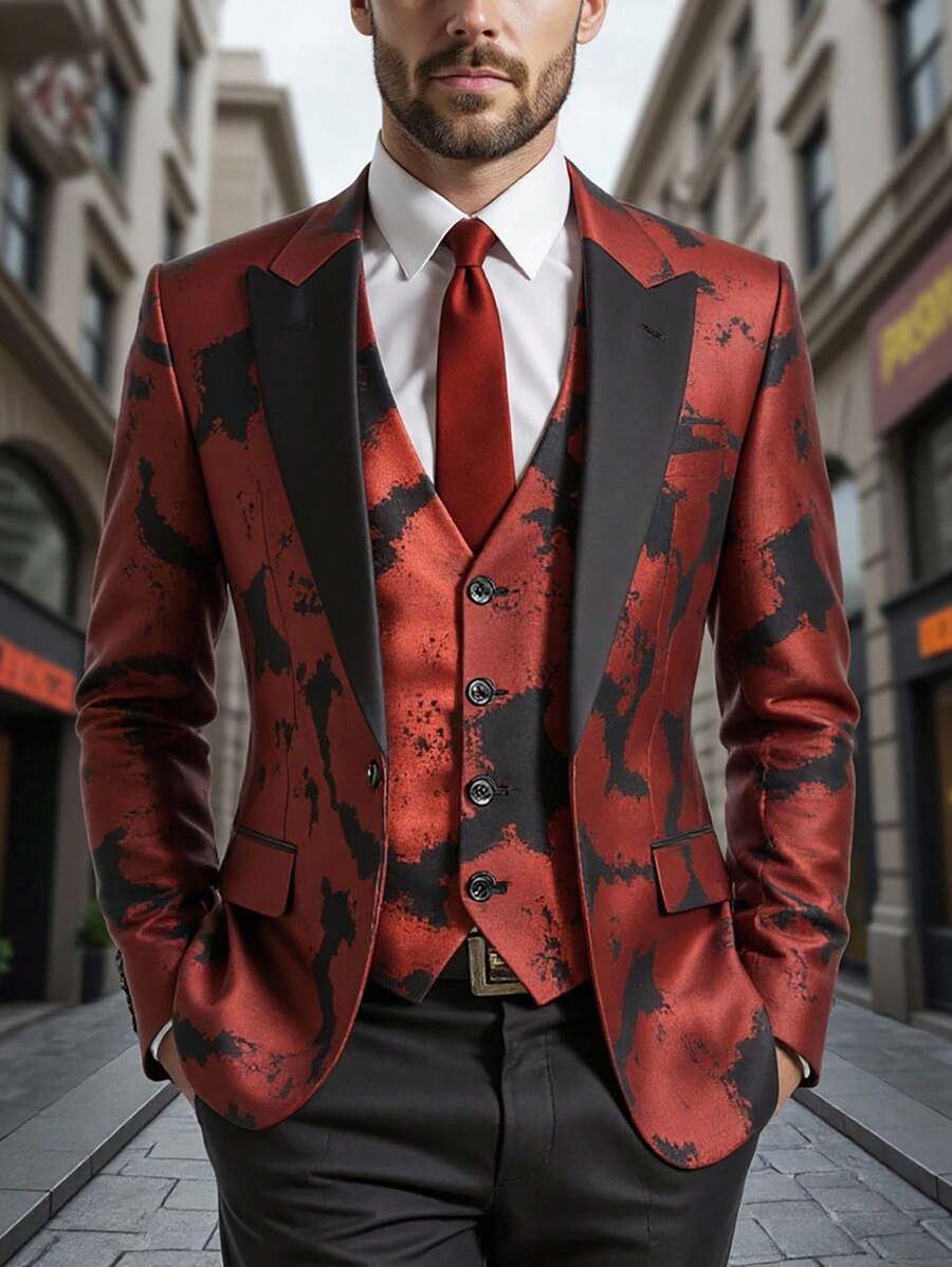 Manfinity AFTRDRK Men's All-Over Print Long Sleeve Suit Jacket, Fashionable & Elegant Performance Blazer, Old Money Style - Red - View 1