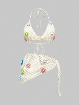 Vacation Beach Floral 3D Decor Backless Halter Knit Top & Skirt Set