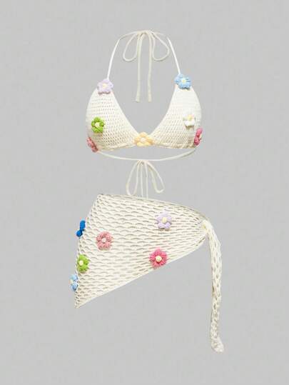 Vacation Beach Floral 3D Decor Backless Halter Knit Top & Skirt Set