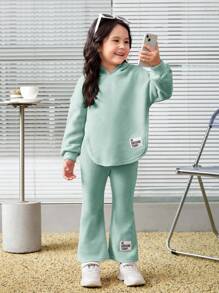 SHEIN Leap Crew 2 件装年轻女孩连帽套头衫，带不对称下摆和裤子套装 - 薄荷綠 - 查看 7