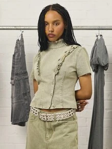 COUREZ Short Sleeve High Neck Denim Top With Frills Detail /Y2K  Women Clothes  Clothes Cute Tops Going Out Outfits - Green - View 3