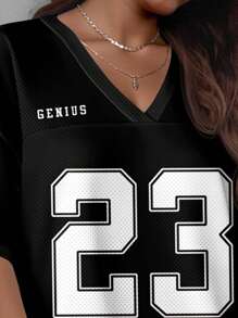 SHEIN EZwear 女式休闲运动V领网眼宽松迷你连衣裙，适合夏季运动比赛，拼色，23号印花 - 彩色 - 查看 3